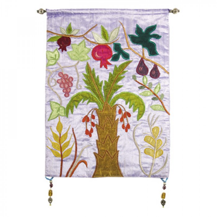 Yair Emanuel Raw Silk Embroidered Wall Decoration with Seven Species in Violet