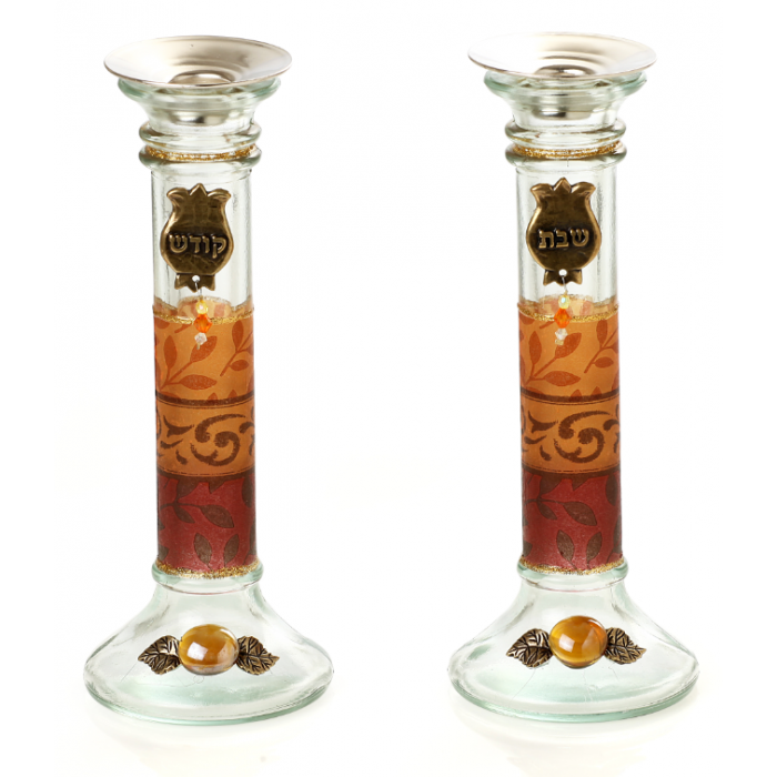 Glass Shabbat Candlesticks with Orange Leaves and Pomegranates