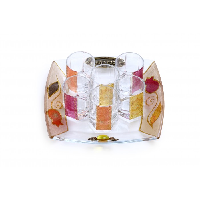 Glass Wine  Cup Set with Tray, Six Cups and Floral Pattern
