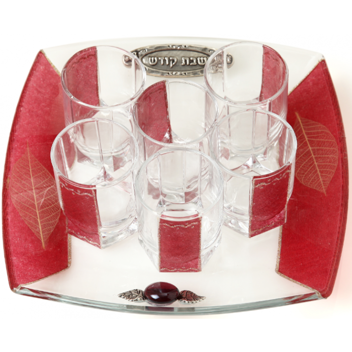 Glass Wine Cup Set with Tray, Six  Cups and Pomegranates