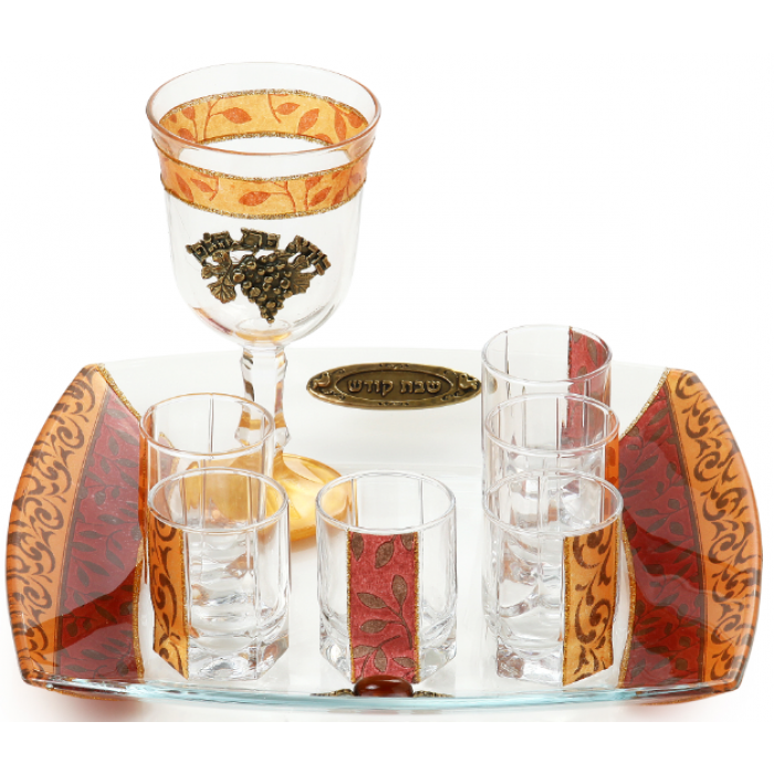 Glass Kiddush Cup Set with Seven Cups, Tray and Geometric Pattern