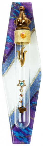 Glass Mezuzah with Purple and Blue Pattern, Dove, Star of David and Shin