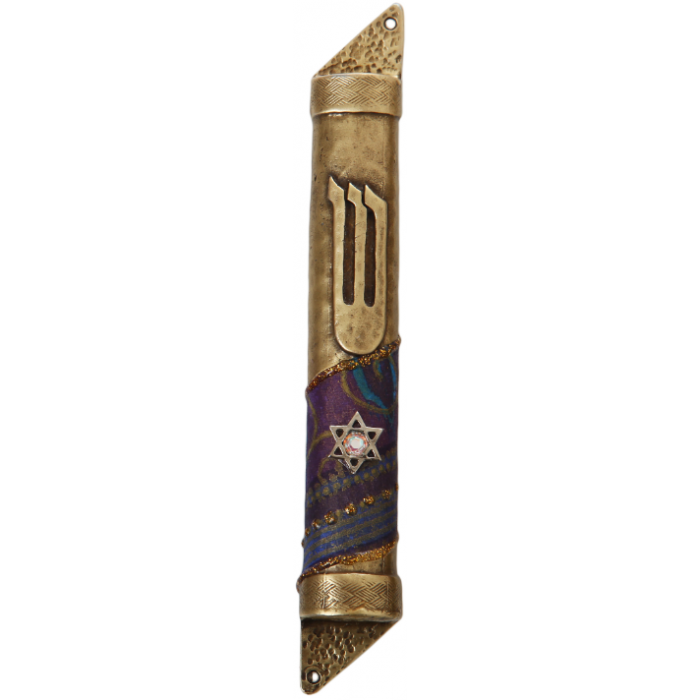 Semicircle Pewter Mezuzah with Star of David, Geometric Pattern and Shin