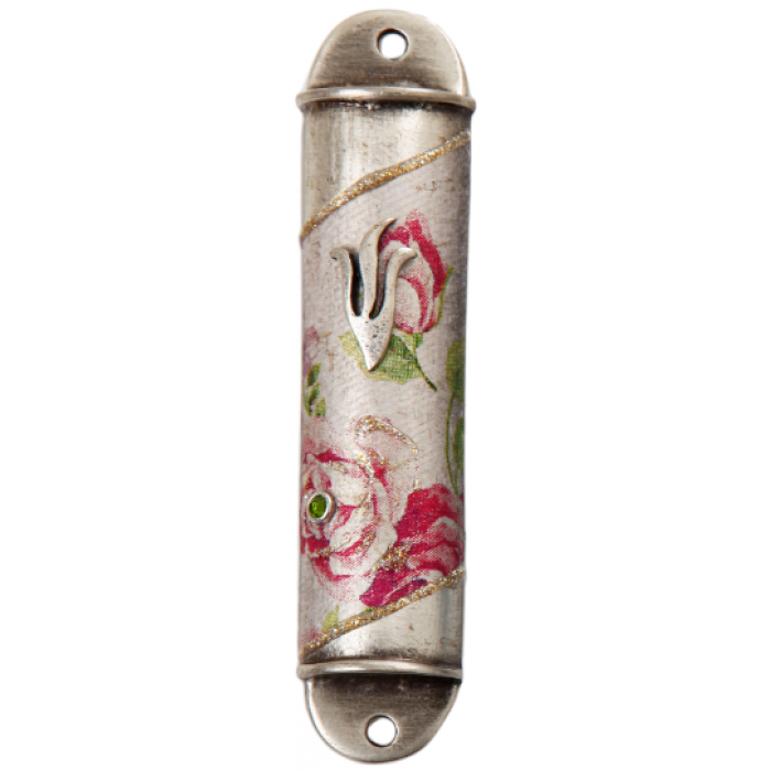 Rounded Semicircle Pewter Mezuzah with Roses and Shin