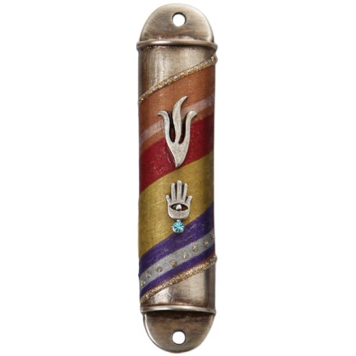 Rounded Semicircle Pewter Mezuzah with Monotone Stripes, Hamsa and Shin