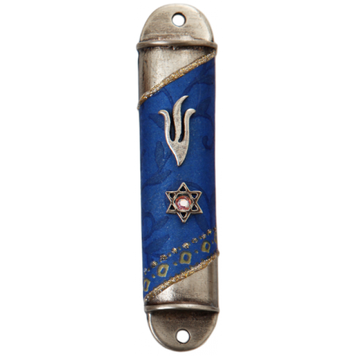 Rounded Semicircle Pewter Mezuzah with Star of David, Shin and Floral Pattern