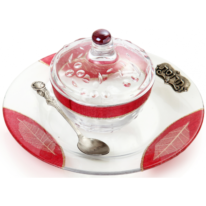 Glass Charoset Dish with Spoon, Tray, Lid and Red Leaves