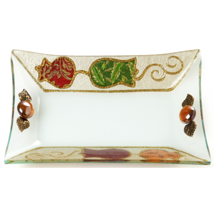 Small Glass Tray with Orange Beads, Floral Pattern and Pomegranates