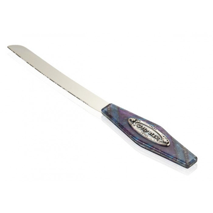 Challah Knife with Purple and Blue Geometric Pattern and Plaque