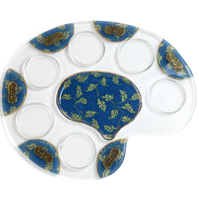 Glass Palette Seder Plate with Blue and Green Flowers and Metal Plaques