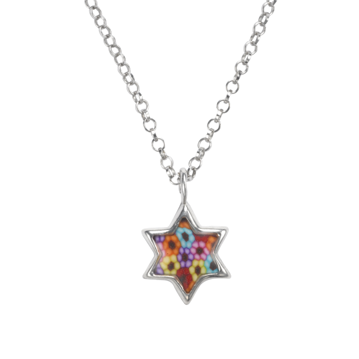 Multicolored and Floral Star of David Pendant with Circle Chain Necklace