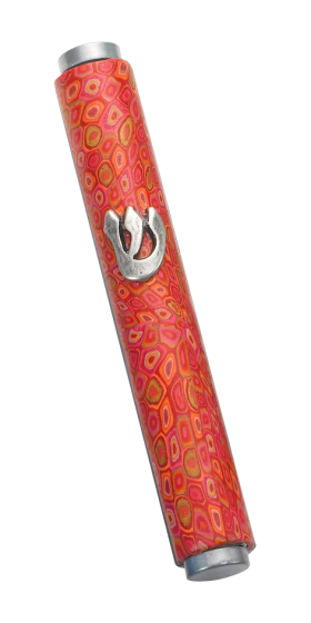 Mezuzah Case with Mosaic Red Pattern and Shin