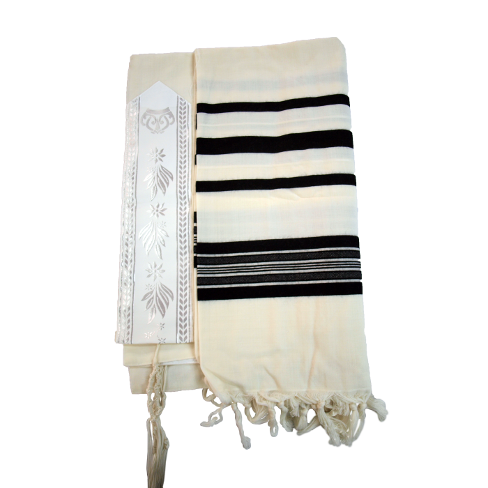 Weißer Prima AA Tallit mit schwarzen oder weißen Streifen aus dünnem Wollstoff