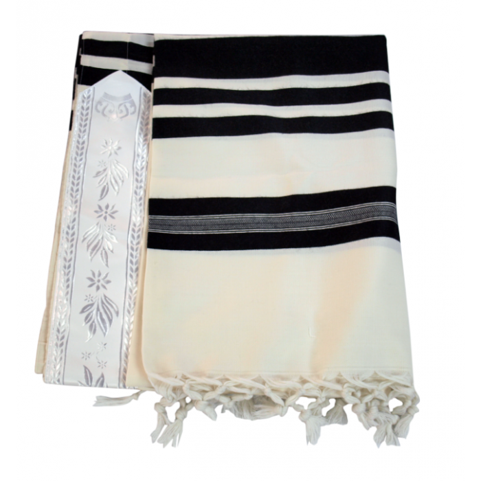 White Shabbat Wool Tallit with Tight Weave and Black Stripes