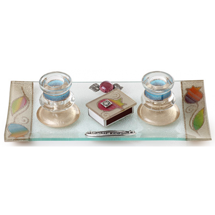 Shabbat Candlestick Set with Multi-Color Design and Matchbox