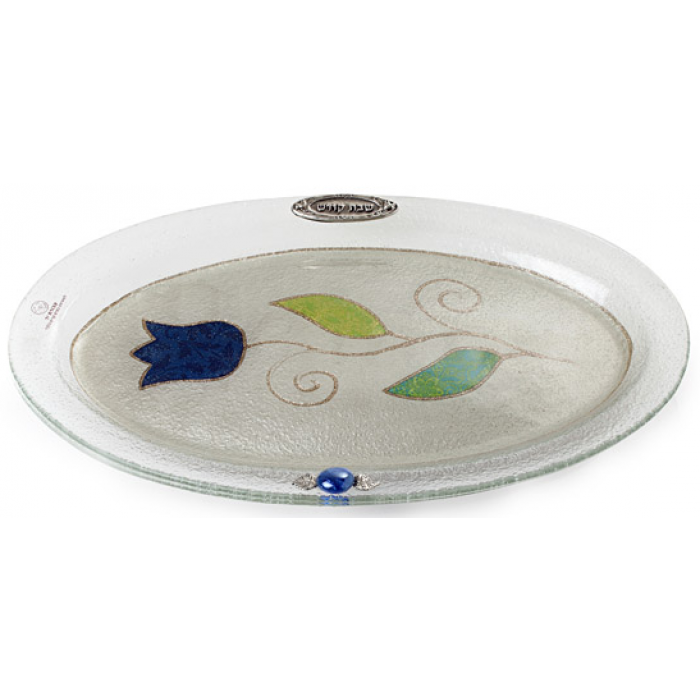 Glass Oval Challah Board for Shabbat with Single Blue Flower