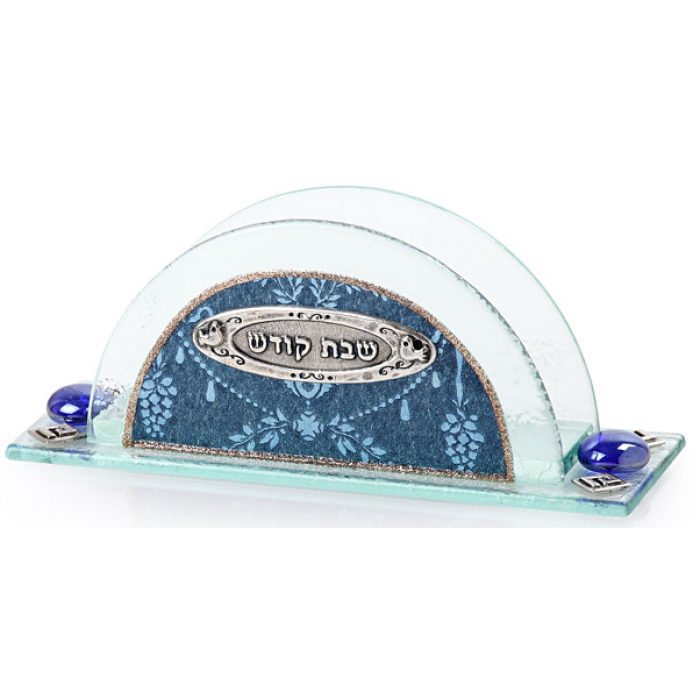 Glass Napkin Holder for Shabbat with Blue Floral Motif