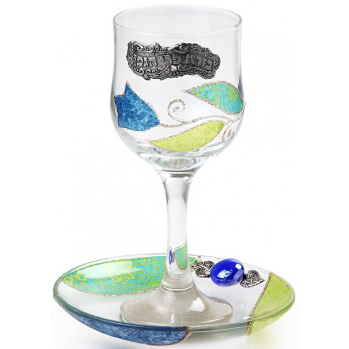 Glass Kiddush Cup with Blue Flower Design and Saucer