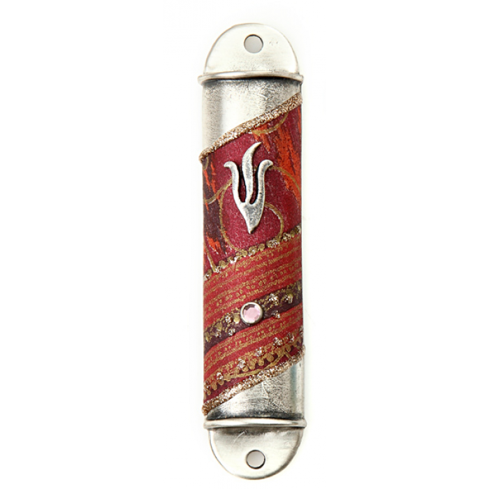 Arched Metal Mezuzah with Red Motif