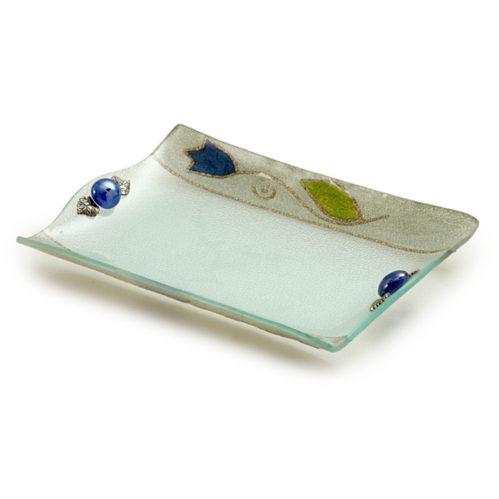 Glass Serving Tray with Bright Blue Tulip Decor