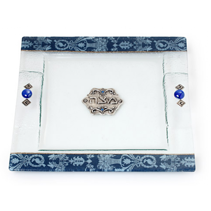 Glass Matzo Plate with White Floral Pattern