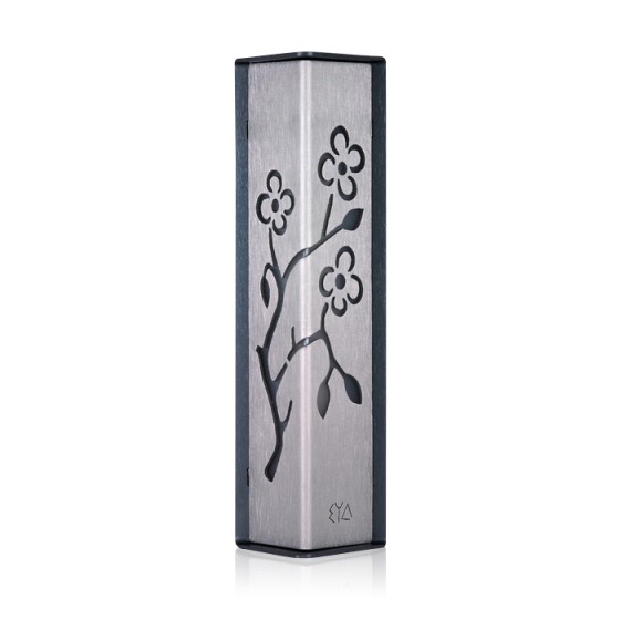 Almond Blossom Design Mezuzah - Silver on Charcoal by Shraga Landesman