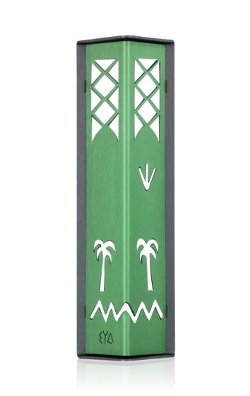 Shraga Landesman Date Palm Pattern Mezuzah – Green on Silver