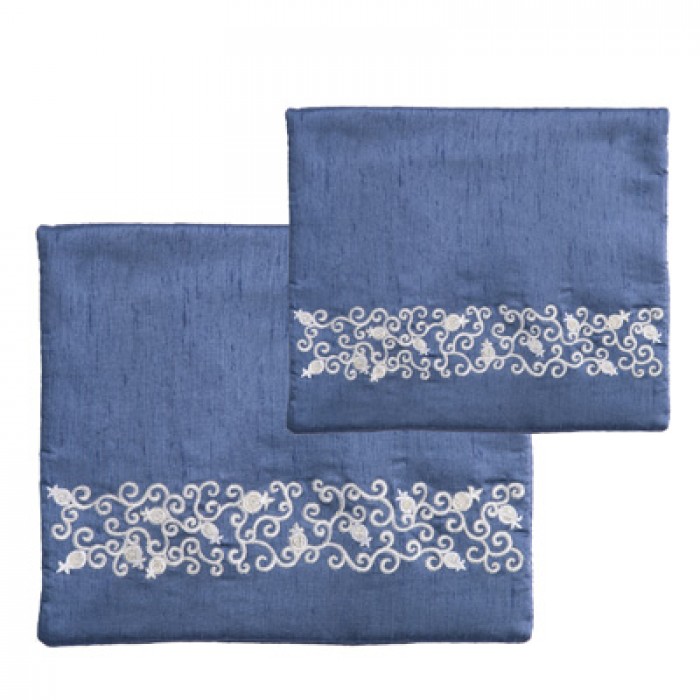 Blue Yair Emanuel Embroidered Tefillin and Tallit Bags with Silver Pomegranate Design