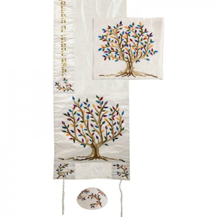 Colorful Yair Emanuel Raw Silk Tallit with Matching Bag and Kippa - Tree of Life