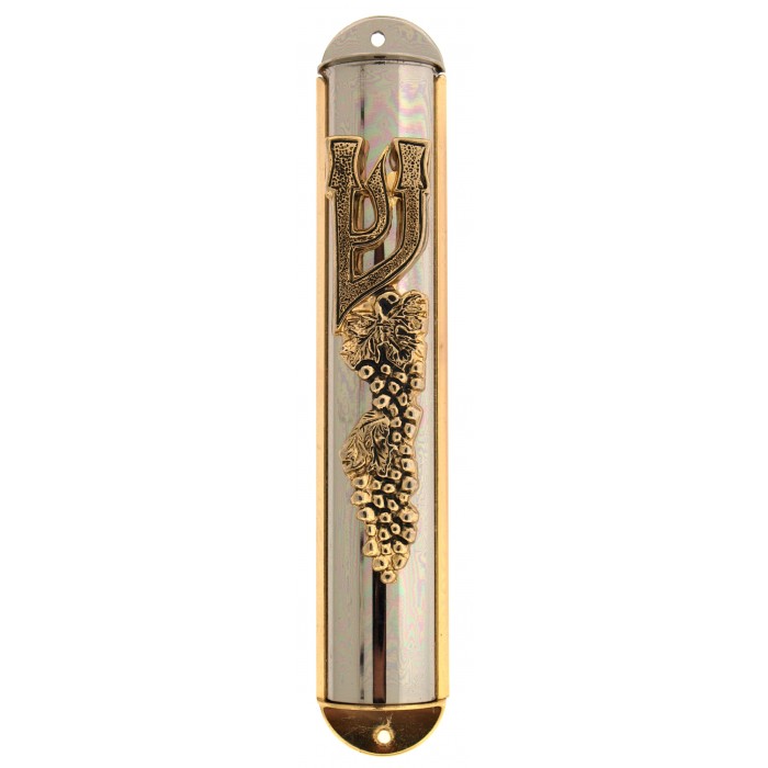 Metal Mezuzah Case with Large Hebrew Letter Shin and Grapevines