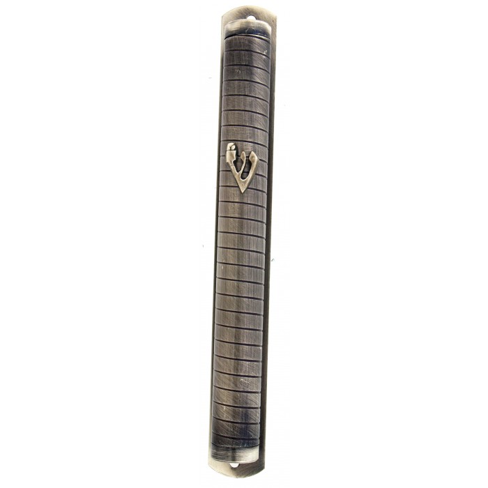 Pewter Mezuzah Case with Diagonal Lines and Shin
