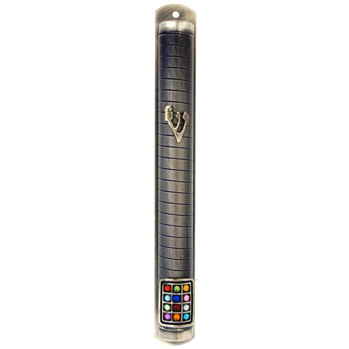 Pewter Mezuzah Case with Coiling Lines, Hoshen and Shin