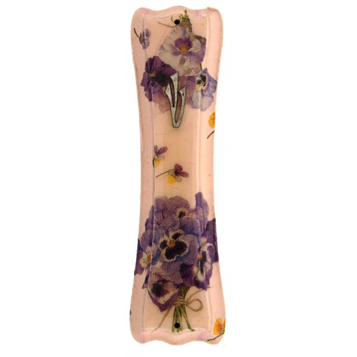 Wood Mezuzah Case with Pink and Purple Floral Pattern for 12cm Scroll