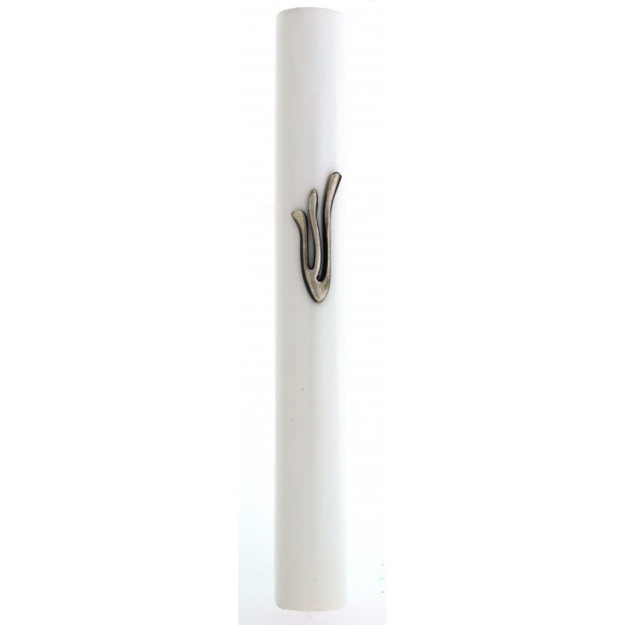 White Wood Mezuzah Case with Large Pewter Hebrew Letter Shin