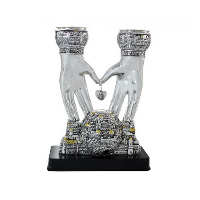 Silver Polyresin Shabbat Candlesticks with Jerusalem and Blessing Hand Stems