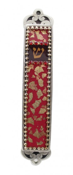 Red Pewter Mezuzah with Gold Flakes, Red Crystals, Black Rectangle and Shin