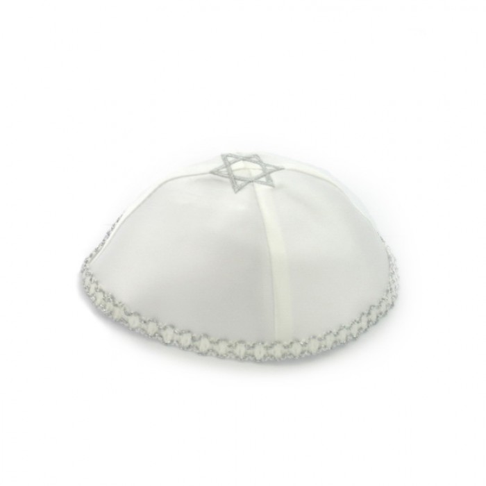 Satin White Kippah with Silver Embroidery
