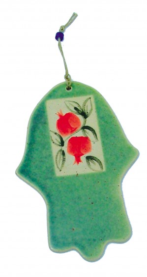 Green Ceramic Hamsa with Red Pomegranates and Traditional Design
