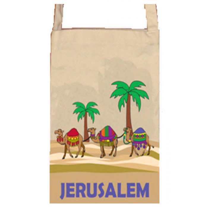 White Tote Bag with Colorful Camel Caravan and Jerusalem
