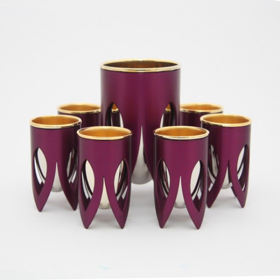 Purple and Silver Nickel Kiddush Cup Set with Lotus Design and 24k Gold Accents