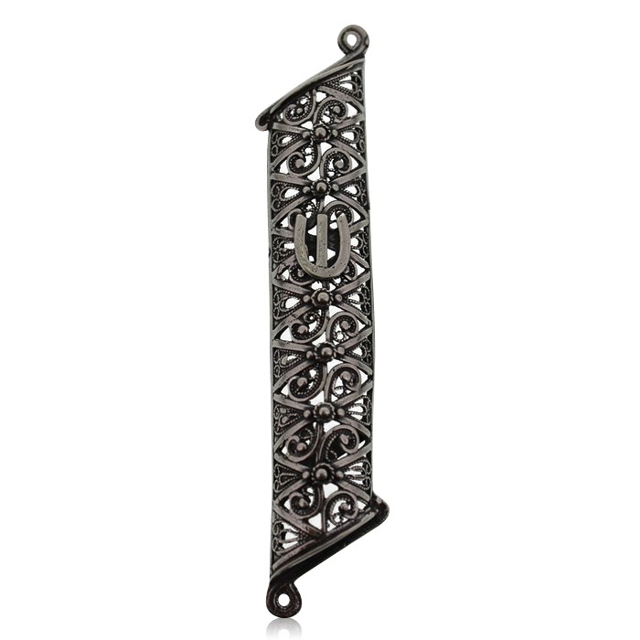 Sterling Silver Mezuzah with Diagonal Edges, Diamond Shapes and Paisleys