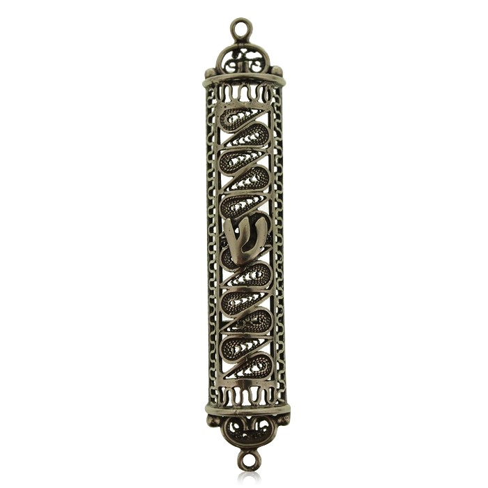 Sterling Silver Mezuzah with Coiling Scrolling Lines and Hebrew Text