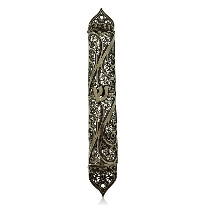 Sterling Silver Mezuzah with Scrolling Lines and Hebrew Letter Shin
