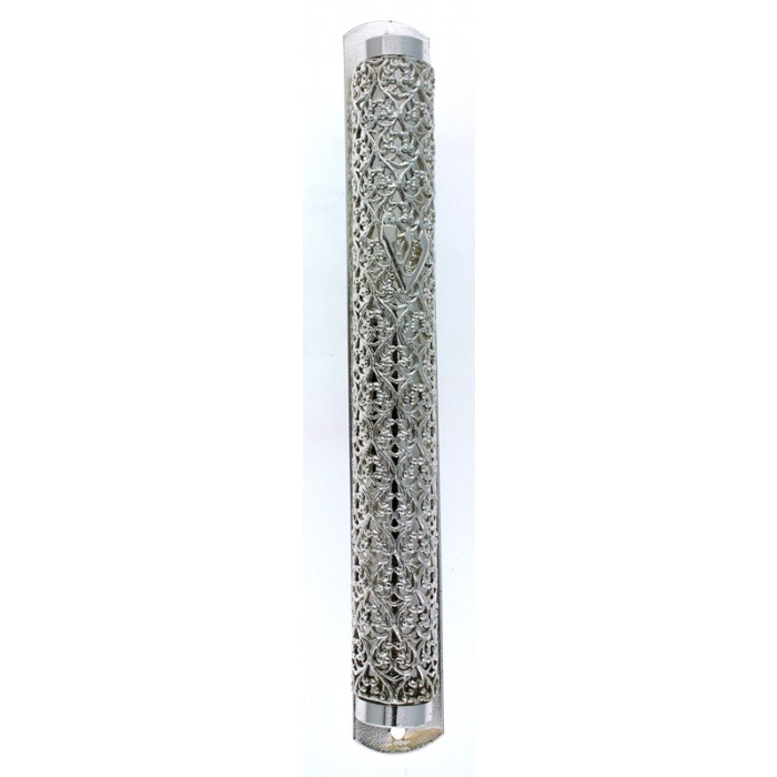 Silver Plated Mezuzah with Floral Pattern and Hebrew Letter Shin