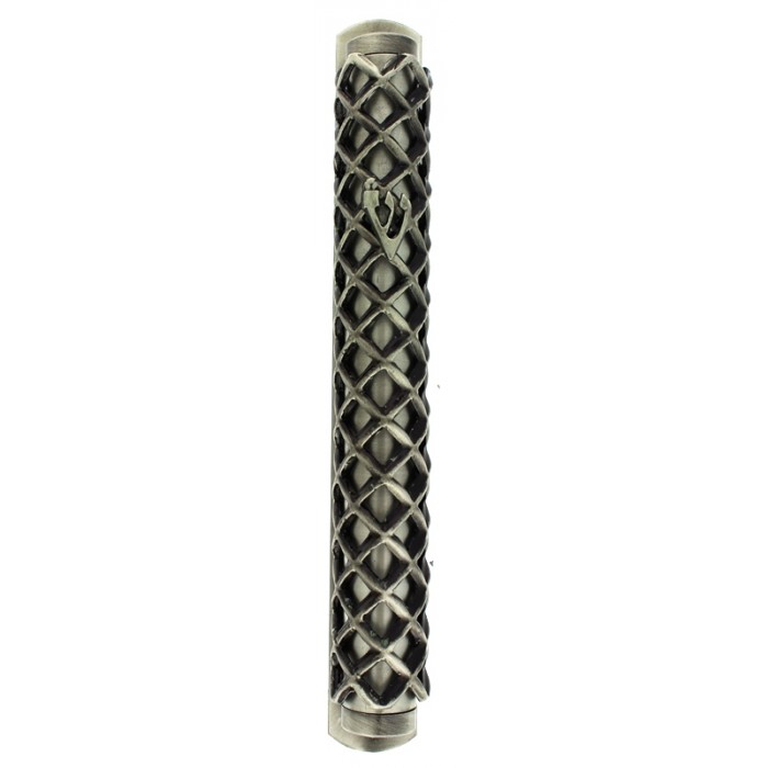Pewter Mezuzah with Latticework Pattern and Hebrew Letter Shin