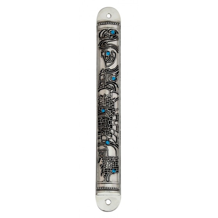 Nickel Plated Mezuzah with Jerusalem Plate and Blue Beads
