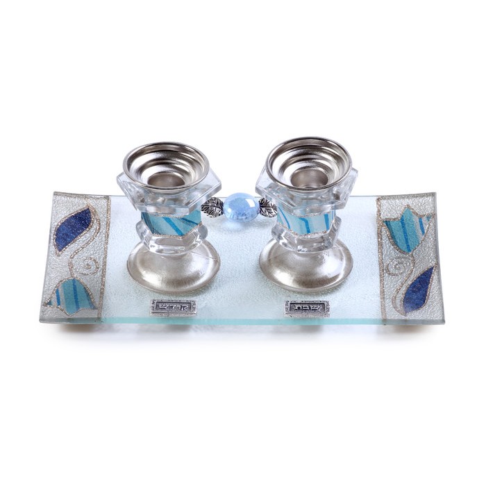 Glass Shabbat Candlestick Set with Blue Stripes, Flowers and Hebrew Text