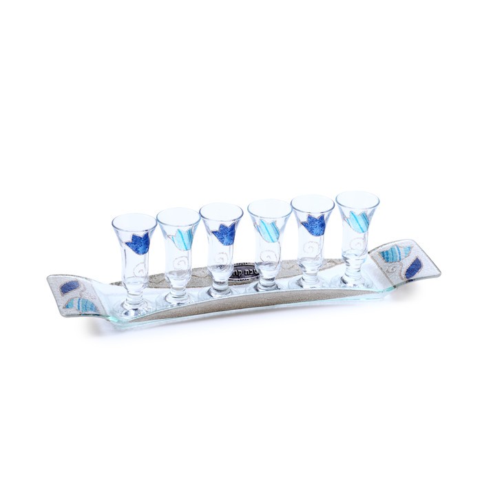 Glass Wine Cup Set with Blue Floral Pattern and Metal Plaques