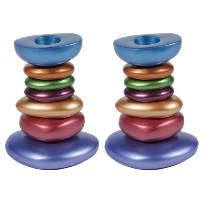 Yair Emanuel Anodized Aluminum Shabbat Candlestick with Colorful Tower Design