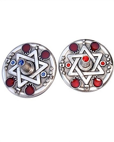 Round Dreidel with Star of David, Red Pomegranates and Hebrew Text